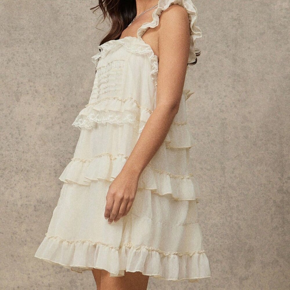 Apricot Boho Women's Square Neck Chiffon Floral Lace Tiered Mini Dress - Picture 4 of 5